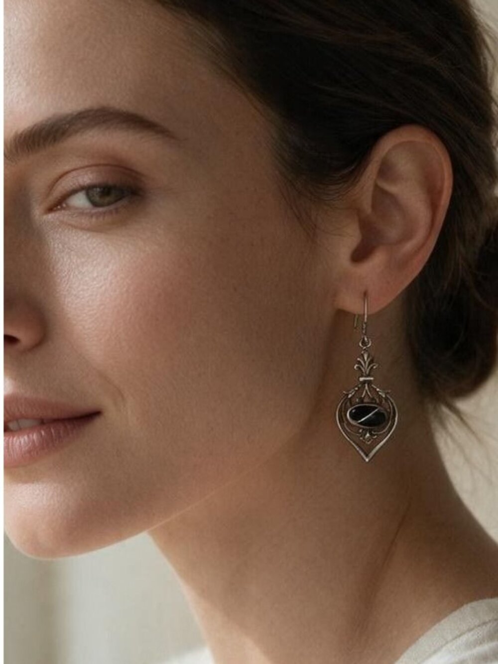 Art Nouveau Sterling Silver Earrings | Black Onyx Teardrop Dangle Dangle Drop